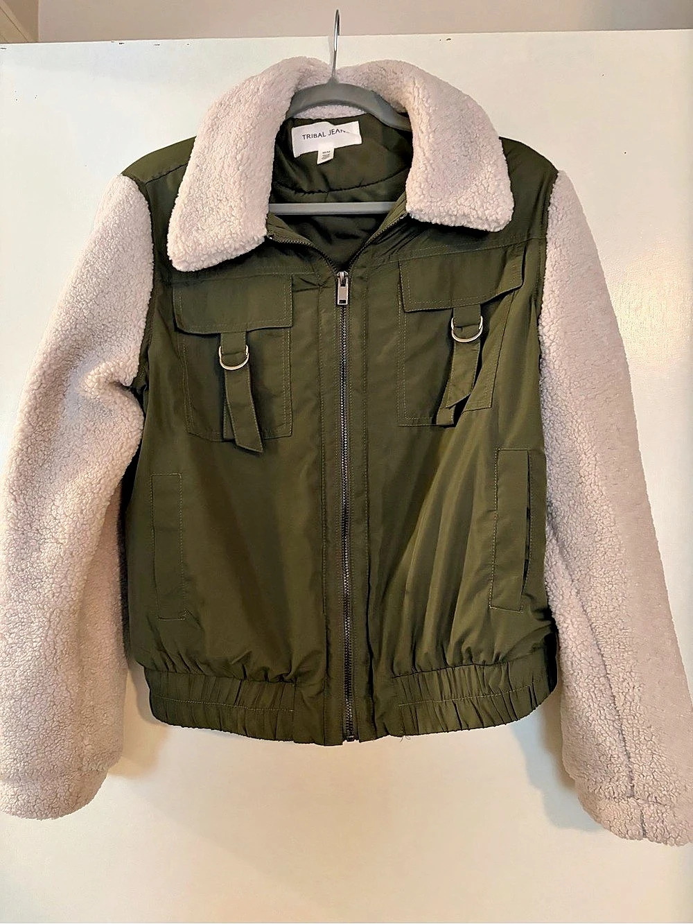Tribal Jeans bomber Jacket Green with Sherpa accents Size Medium